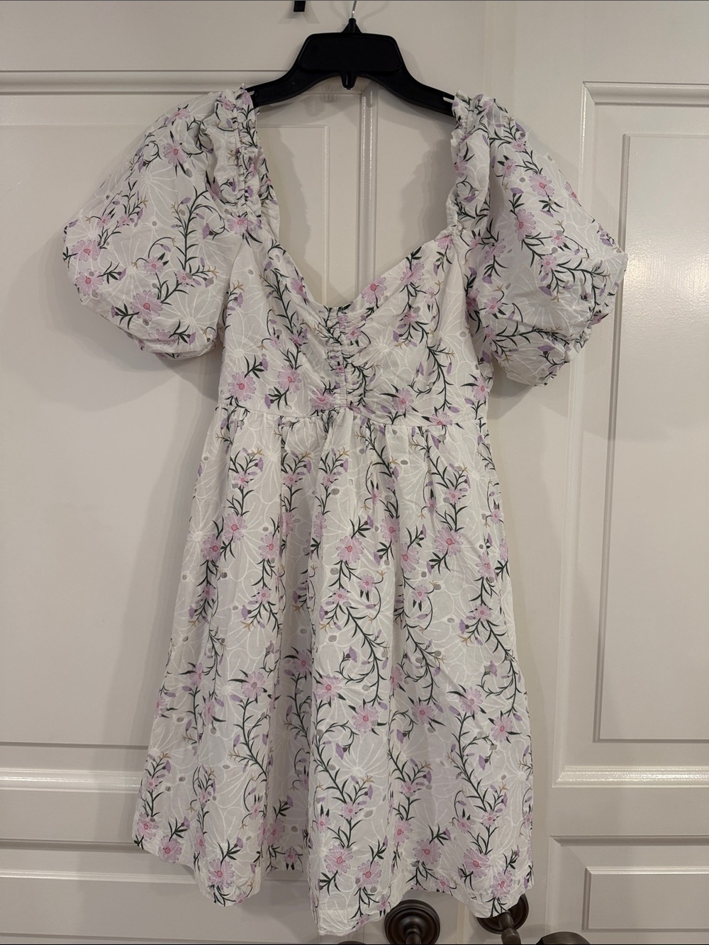 Lena White Mini Dress with Pink Floral & Green Leaf Print